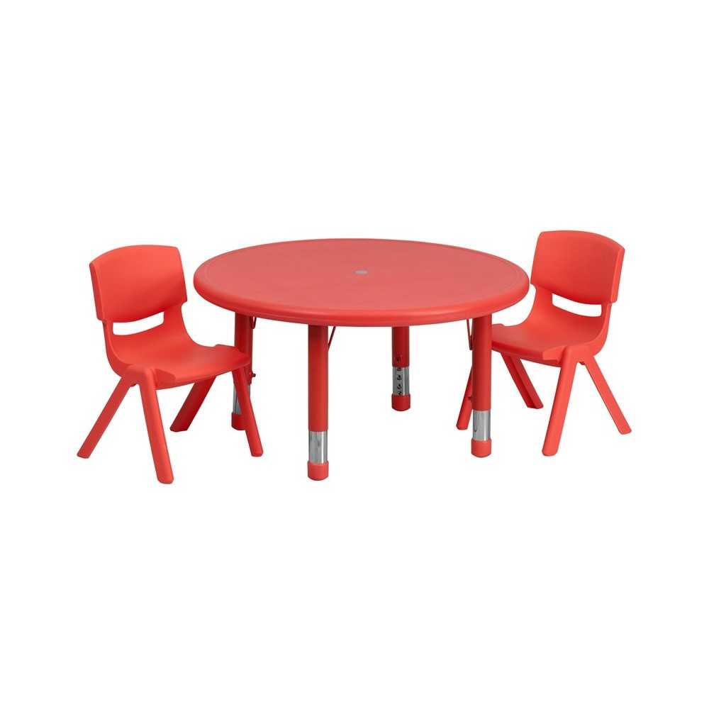 33'' Round Red Plastic Height Adjustable Activity Table Set with 2 Chairs