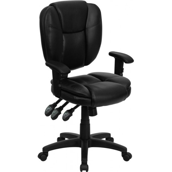 Mid-Back Black LeatherSoft Multifunction Swivel Ergonomic Task Office Chair with Pillow Top Cushioning and Arms