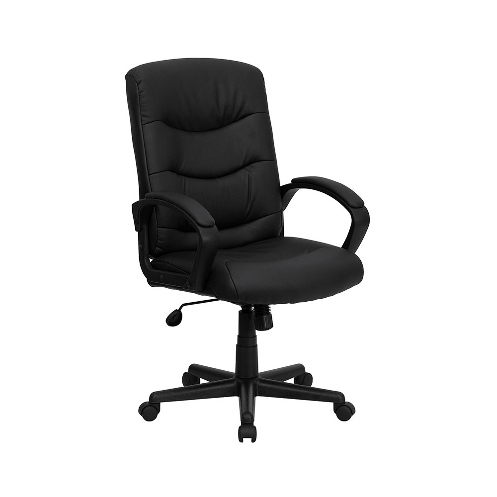 Mid-Back Black LeatherSoft Executive Swivel Office Chair with Three Line Horizontal Stitch Back and Arms