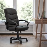 Mid-Back Black LeatherSoft Executive Swivel Office Chair with Three Line Horizontal Stitch Back and Arms