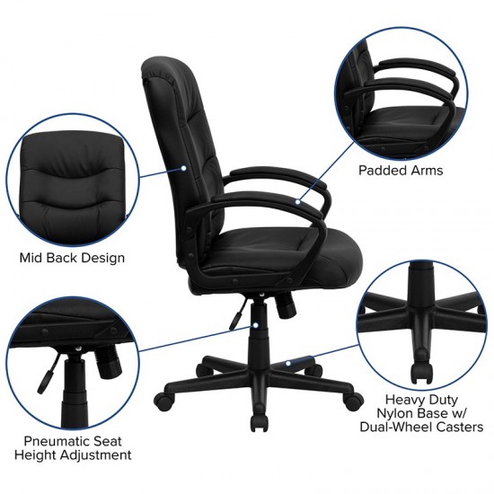 Mid-Back Black LeatherSoft Executive Swivel Office Chair with Three Line Horizontal Stitch Back and Arms