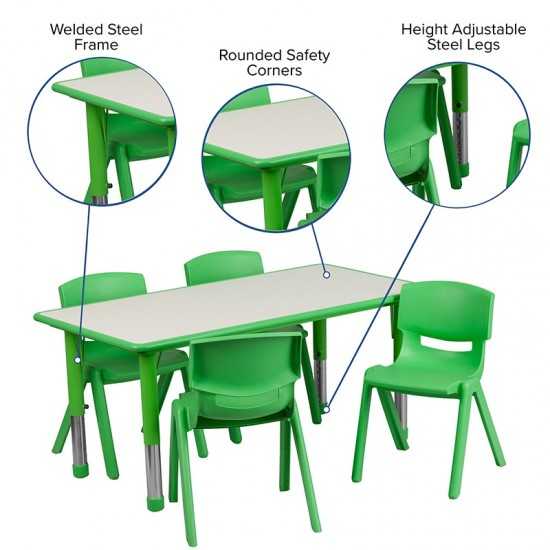 23.625''W x 47.25''L Rectangular Green Plastic Height Adjustable Activity Table Set with 4 Chairs