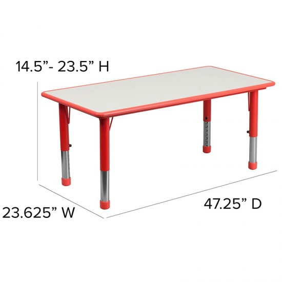 23.625''W x 47.25''L Rectangular Red Plastic Height Adjustable Activity Table Set with 4 Chairs