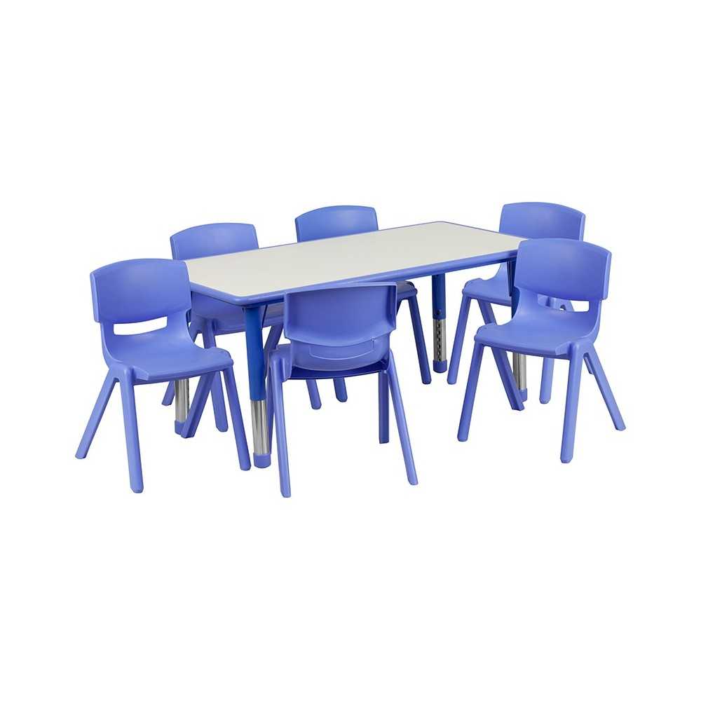 23.625''W x 47.25''L Rectangular Blue Plastic Height Adjustable Activity Table Set with 6 Chairs