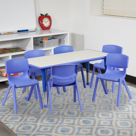 23.625''W x 47.25''L Rectangular Blue Plastic Height Adjustable Activity Table Set with 6 Chairs