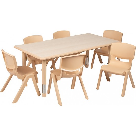 23.625"W x 47.25"L Rectangular Natural Plastic Height Adjustable Activity Table Set with 6 Chairs