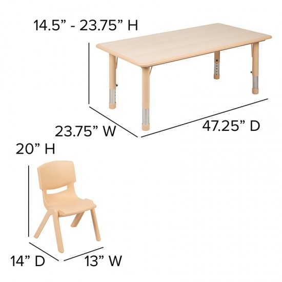 23.625"W x 47.25"L Rectangular Natural Plastic Height Adjustable Activity Table Set with 6 Chairs