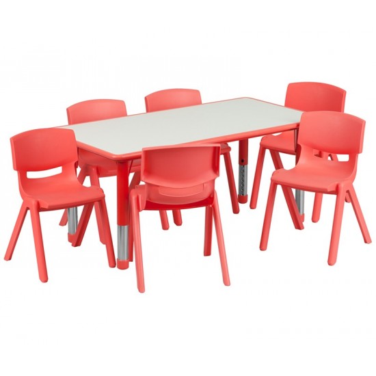 23.625''W x 47.25''L Rectangular Red Plastic Height Adjustable Activity Table Set with 6 Chairs