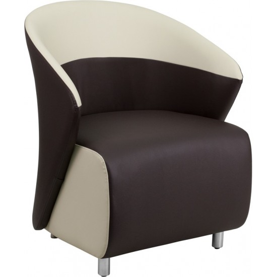 Dark Brown LeatherSoft Curved Barrel Back Lounge Chair with Beige Detailing