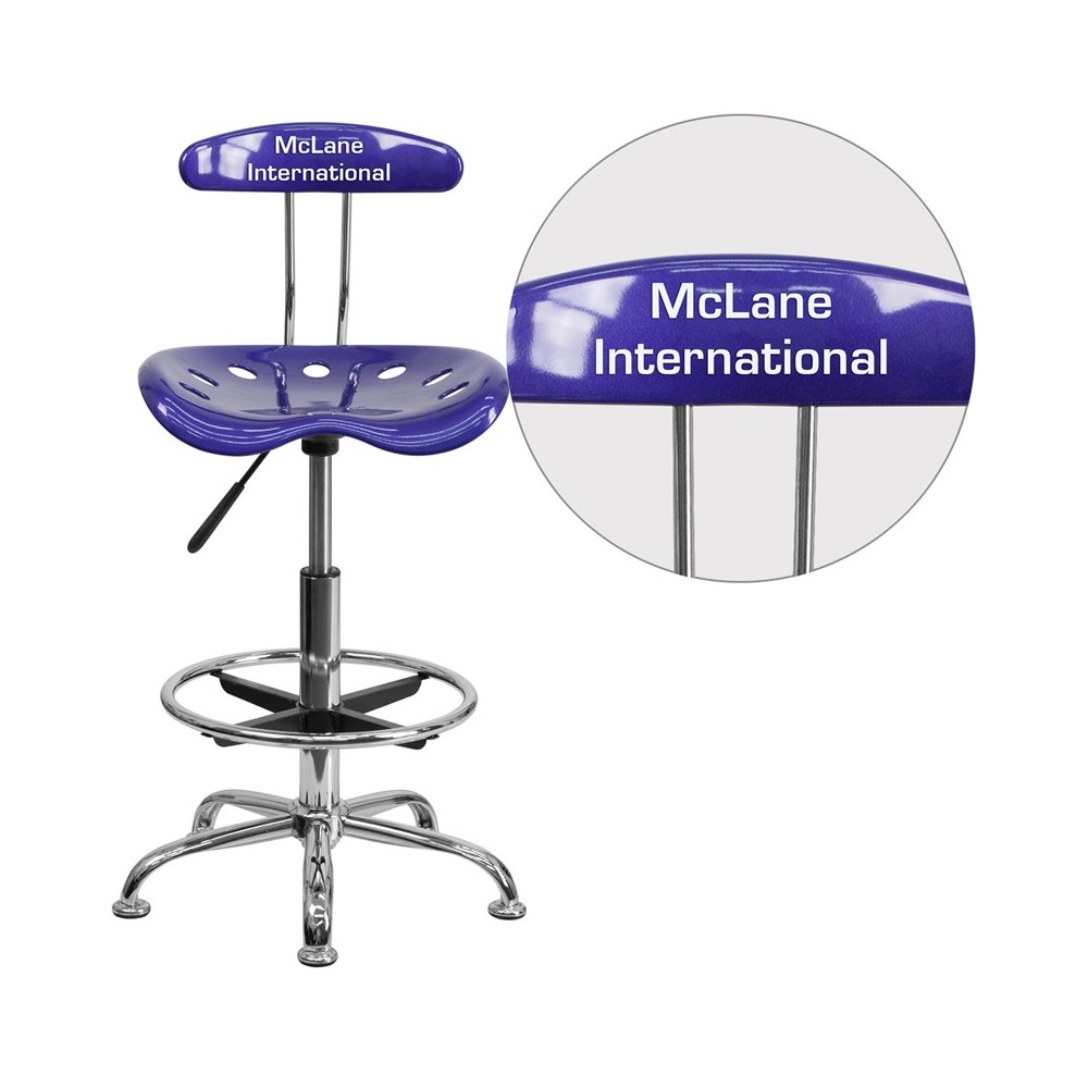 Personalized Vibrant Deep Blue and Chrome Drafting Stool with Tractor Seat