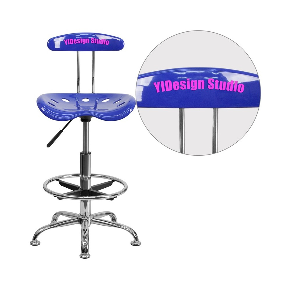 Personalized Vibrant Nautical Blue and Chrome Drafting Stool with Tractor Seat