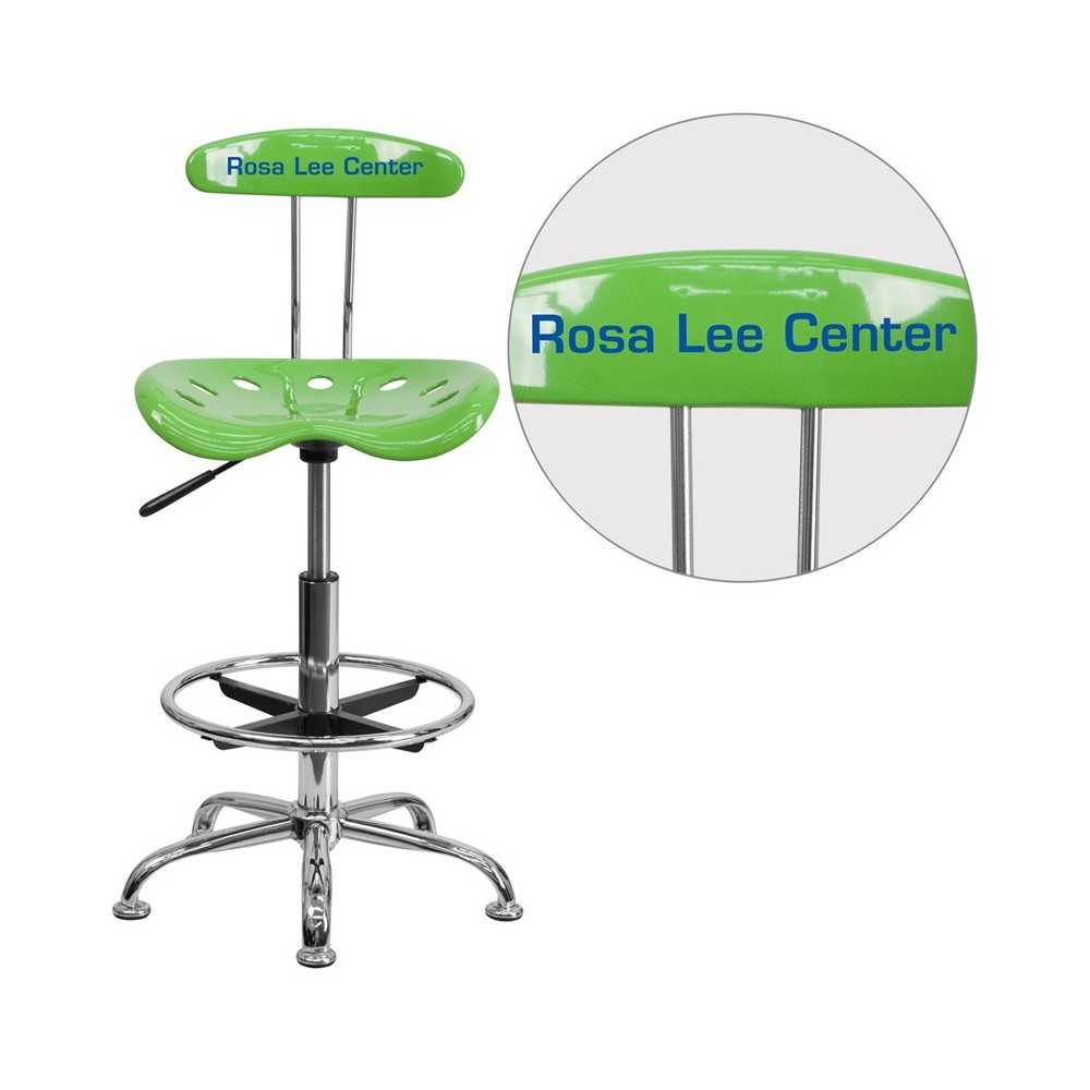 Personalized Vibrant Spicy Lime and Chrome Drafting Stool with Tractor Seat