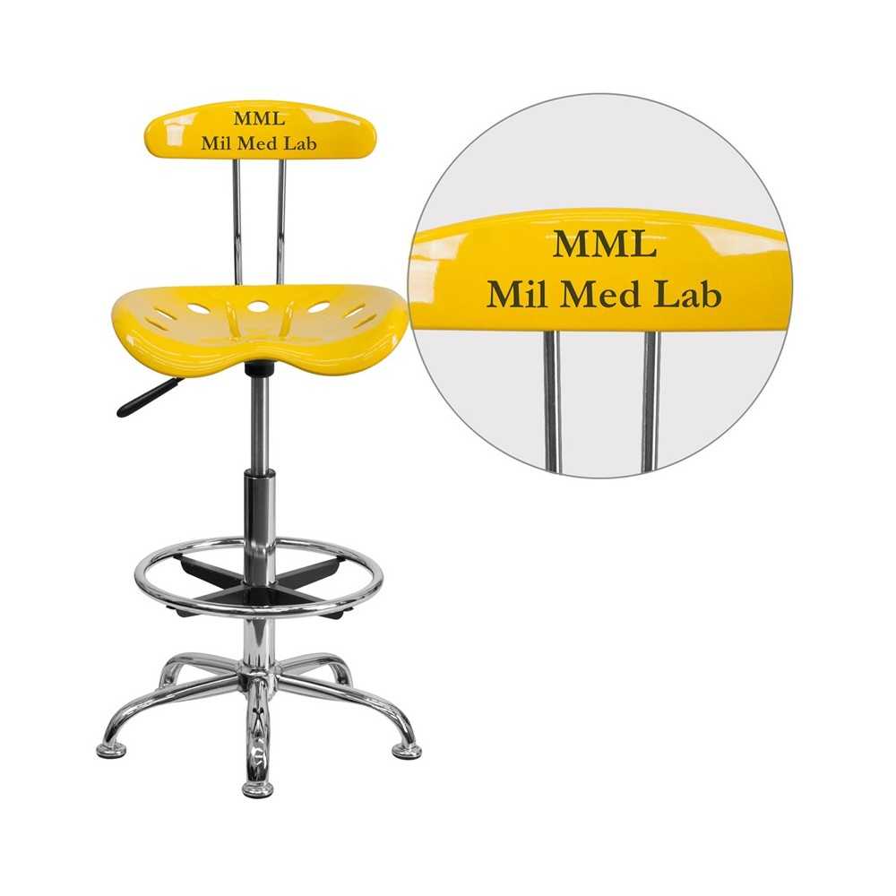 Personalized Vibrant Orange-Yellow and Chrome Drafting Stool with Tractor Seat