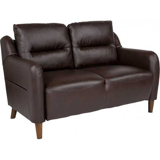 Newton Hill Upholstered Bustle Back Loveseat in Brown LeatherSoft