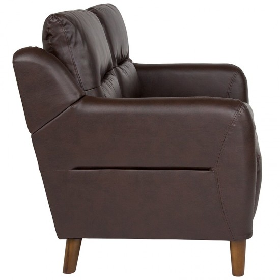 Newton Hill Upholstered Bustle Back Loveseat in Brown LeatherSoft