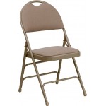 Ultra-Premium Triple Braced Beige Fabric Metal Folding Chair with Easy-Carry Handle