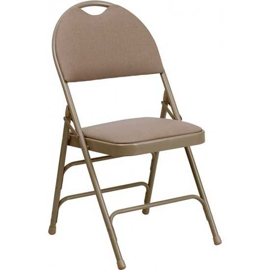 Ultra-Premium Triple Braced Beige Fabric Metal Folding Chair with Easy-Carry Handle