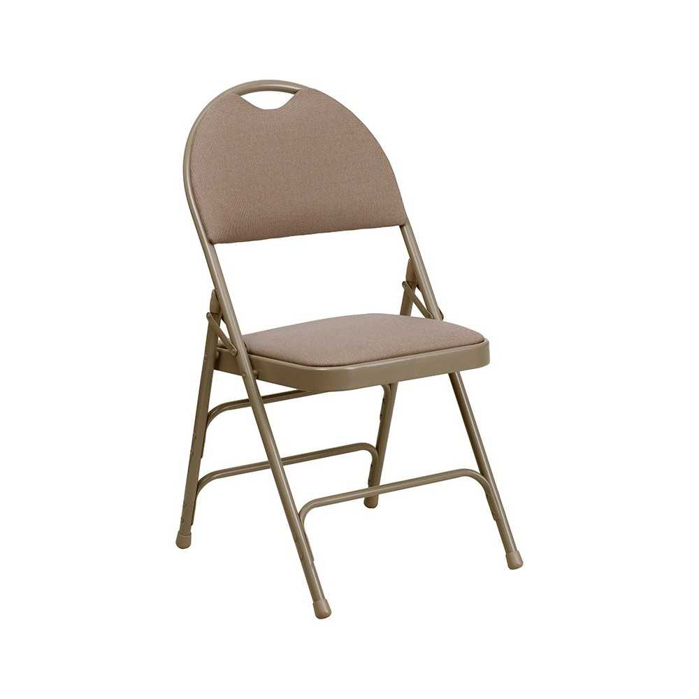 Ultra-Premium Triple Braced Beige Fabric Metal Folding Chair with Easy-Carry Handle