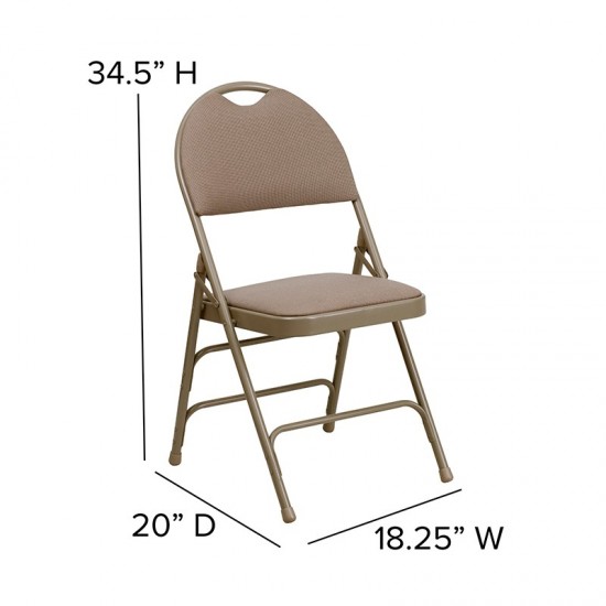 Ultra-Premium Triple Braced Beige Fabric Metal Folding Chair with Easy-Carry Handle