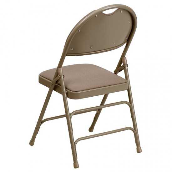 Ultra-Premium Triple Braced Beige Fabric Metal Folding Chair with Easy-Carry Handle