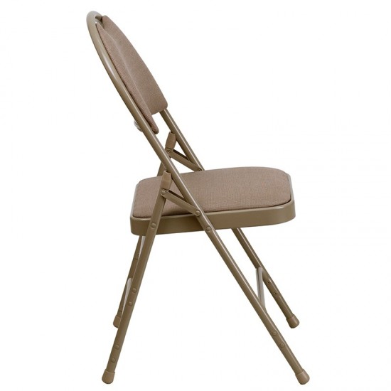 Ultra-Premium Triple Braced Beige Fabric Metal Folding Chair with Easy-Carry Handle