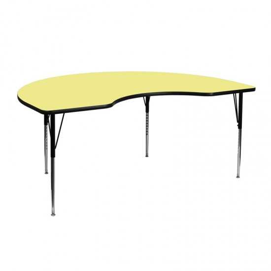 48''W x 72''L Kidney Yellow Thermal Laminate Activity Table - Standard Height Adjustable Legs