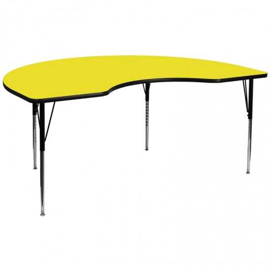 48''W x 96''L Kidney Yellow HP Laminate Activity Table - Standard Height Adjustable Legs