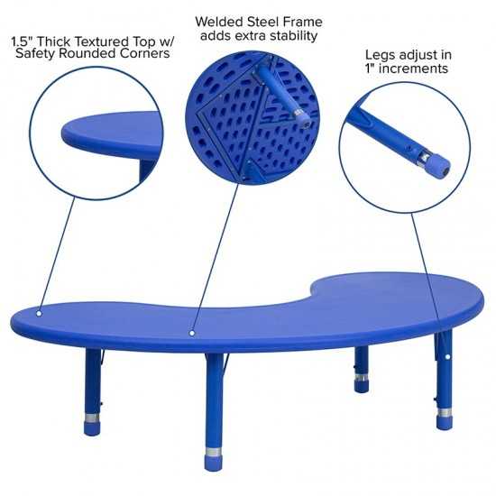 35''W x 65''L Half-Moon Blue Plastic Height Adjustable Activity Table