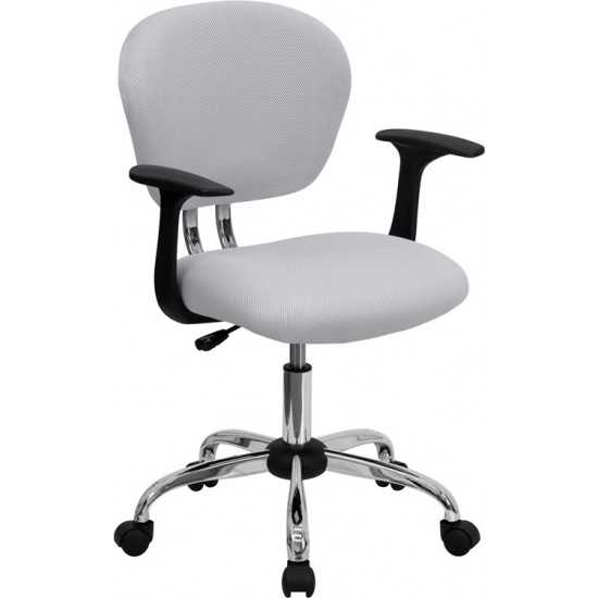 Mid-Back White Mesh Padded Swivel Task Office Chair with Chrome Base and Arms