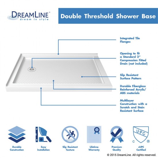 SlimLine 34 in. D x 48 in. W x 2 3/4 in. H Left Drain Double Threshold Shower Base in White