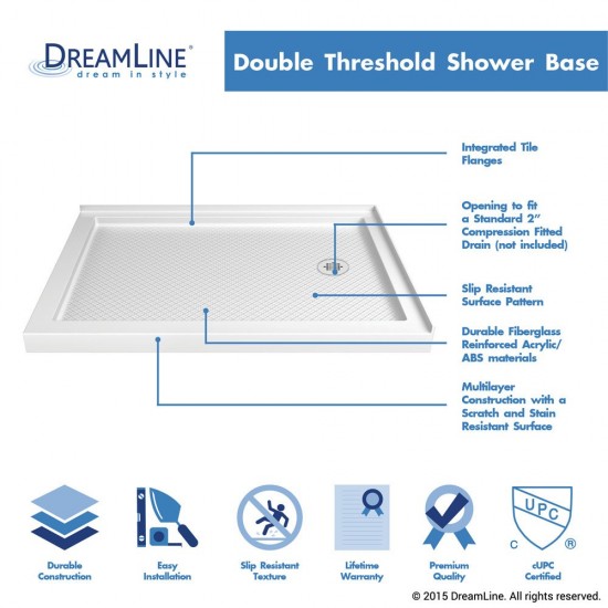 SlimLine 34 in. D x 48 in. W x 2 3/4 in. H Right Drain Double Threshold Shower Base in White