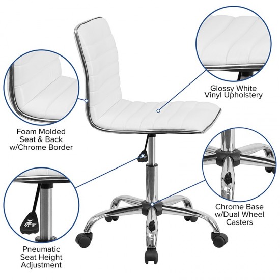 Low Back Designer Armless White Ribbed Swivel Task Office Chair