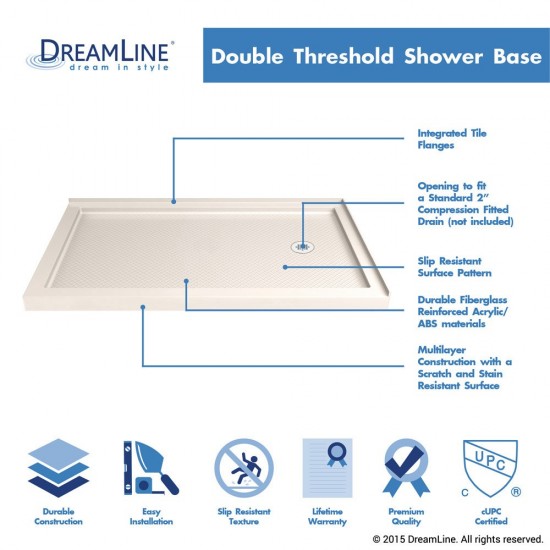 SlimLine 36 in. D x 54 in. W x 2 3/4 in. H Right Drain Double Threshold Shower Base in Biscuit