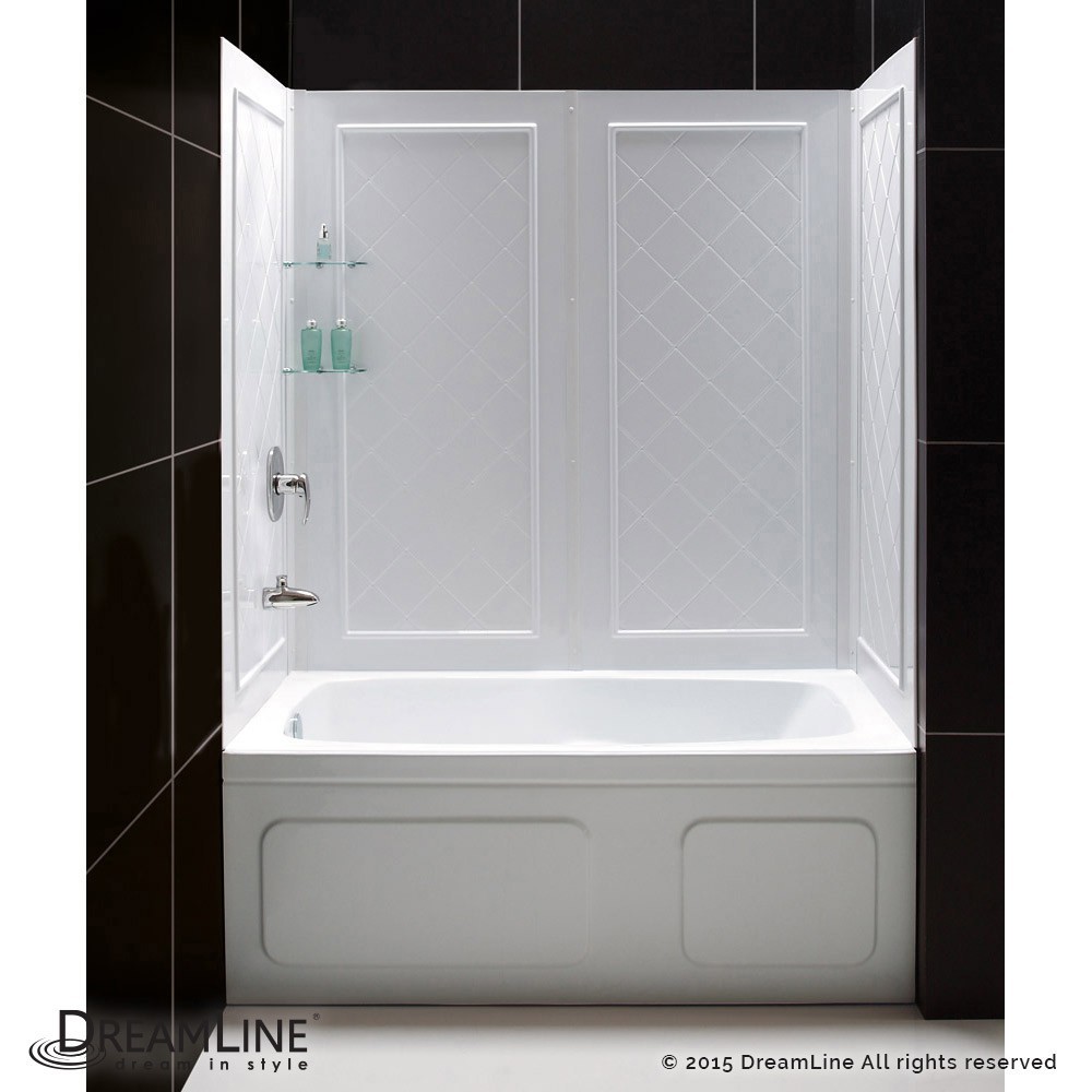 QWALL-Tub 56-60 in. W x 28-32 in. D x 60 in. H Acrylic Backwall Kit In White