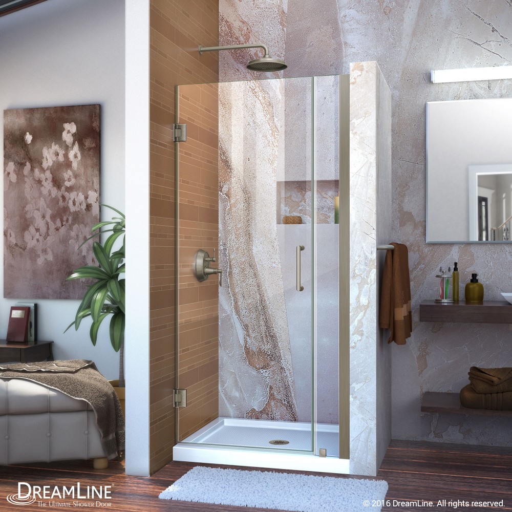 Unidoor 31-32 in. W x 72 in. H Frameless Hinged Shower Door in Brushed Nickel