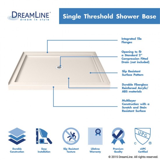 SlimLine 34 in. D x 42 in. W x 2 3/4 in. H Center Drain Single Threshold Shower Base in Biscuit