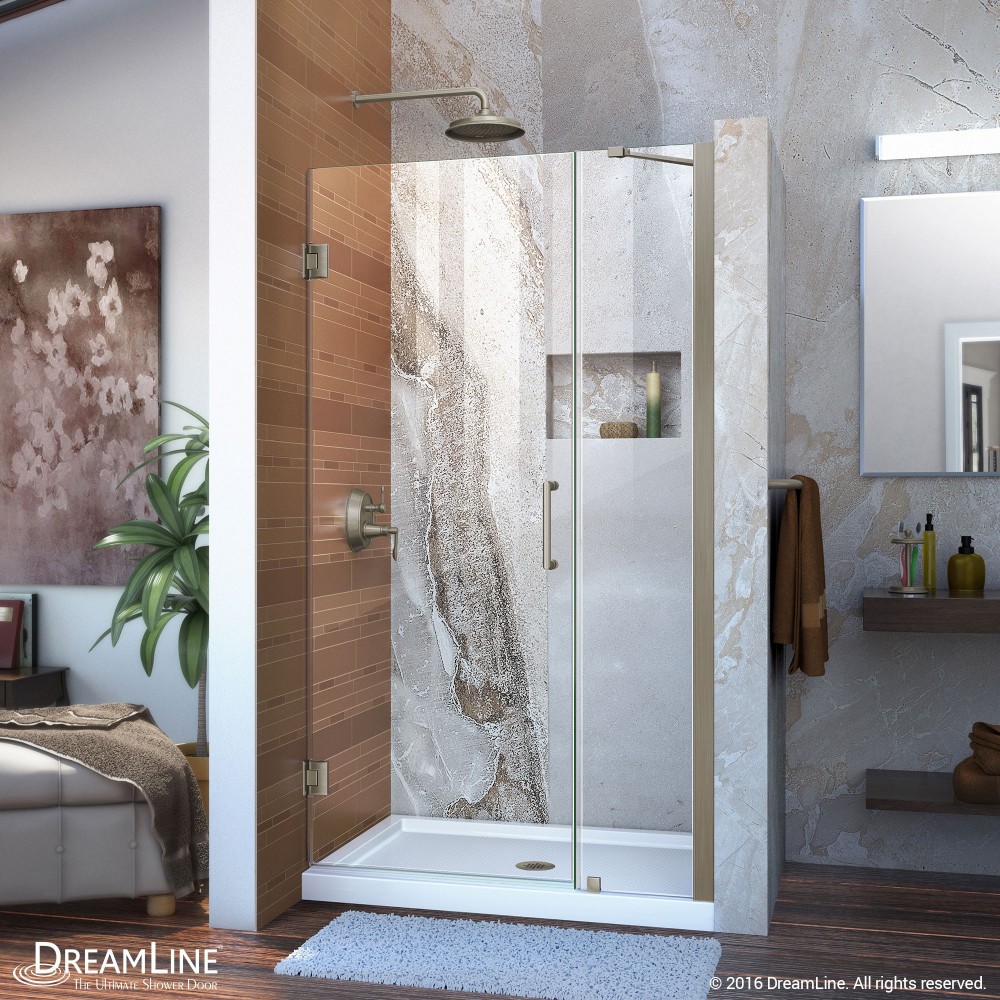 Unidoor 35-36 in. W x 72 in. H Frameless Hinged Shower Door with Support Arm in Brushed Nickel