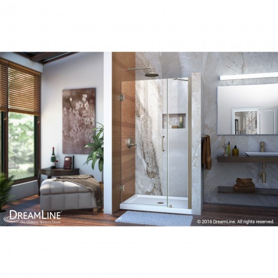Unidoor 35-36 in. W x 72 in. H Frameless Hinged Shower Door with Support Arm in Brushed Nickel
