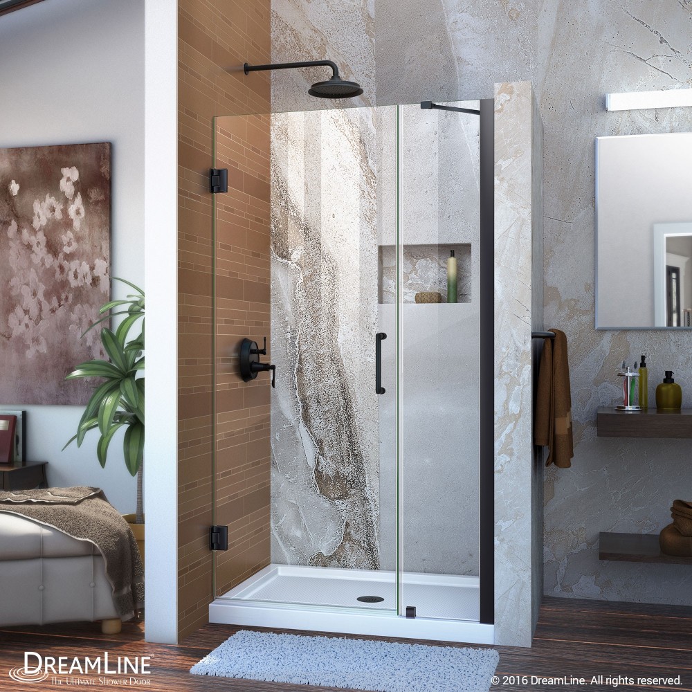Unidoor 41-42 in. W x 72 in. H Frameless Hinged Shower Door with Support Arm in Satin Black