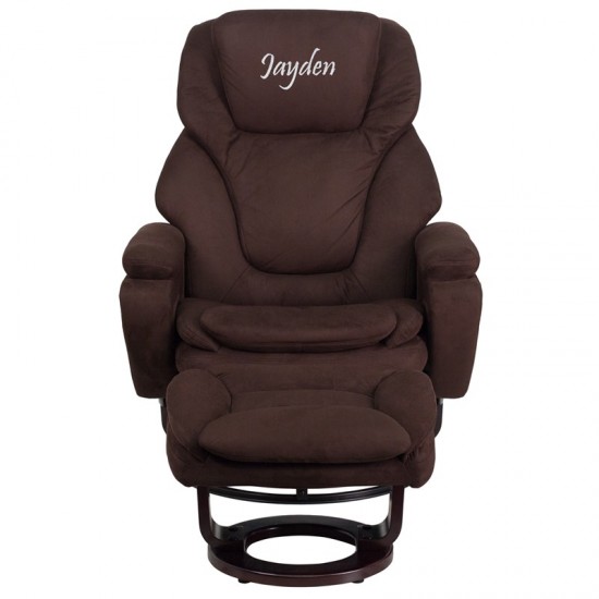 Personalized Contemporary Multi-Position Recliner and Ottoman with Swivel Mahogany Wood Base in Brown Microfiber