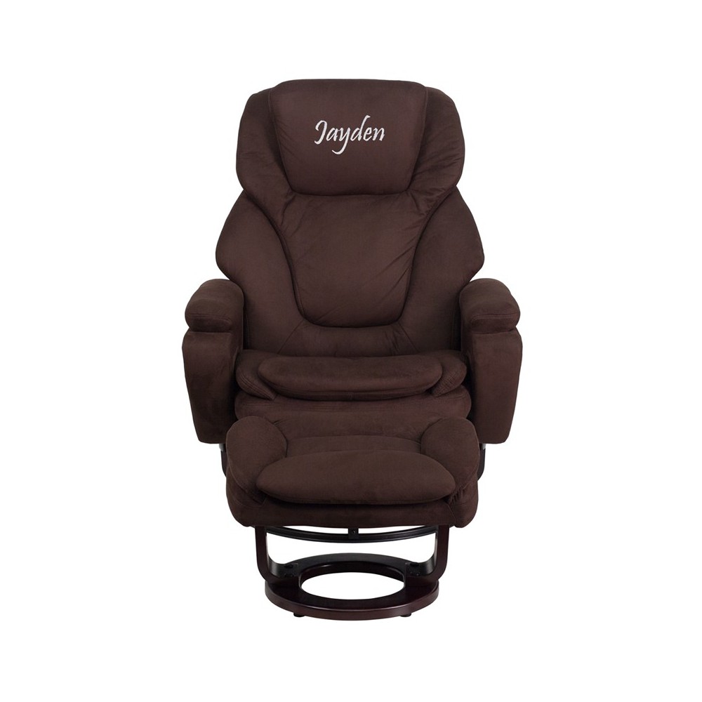 Personalized Contemporary Multi-Position Recliner and Ottoman with Swivel Mahogany Wood Base in Brown Microfiber