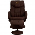 Personalized Contemporary Multi-Position Recliner and Ottoman with Circular Wrapped Base in Brown Microfiber