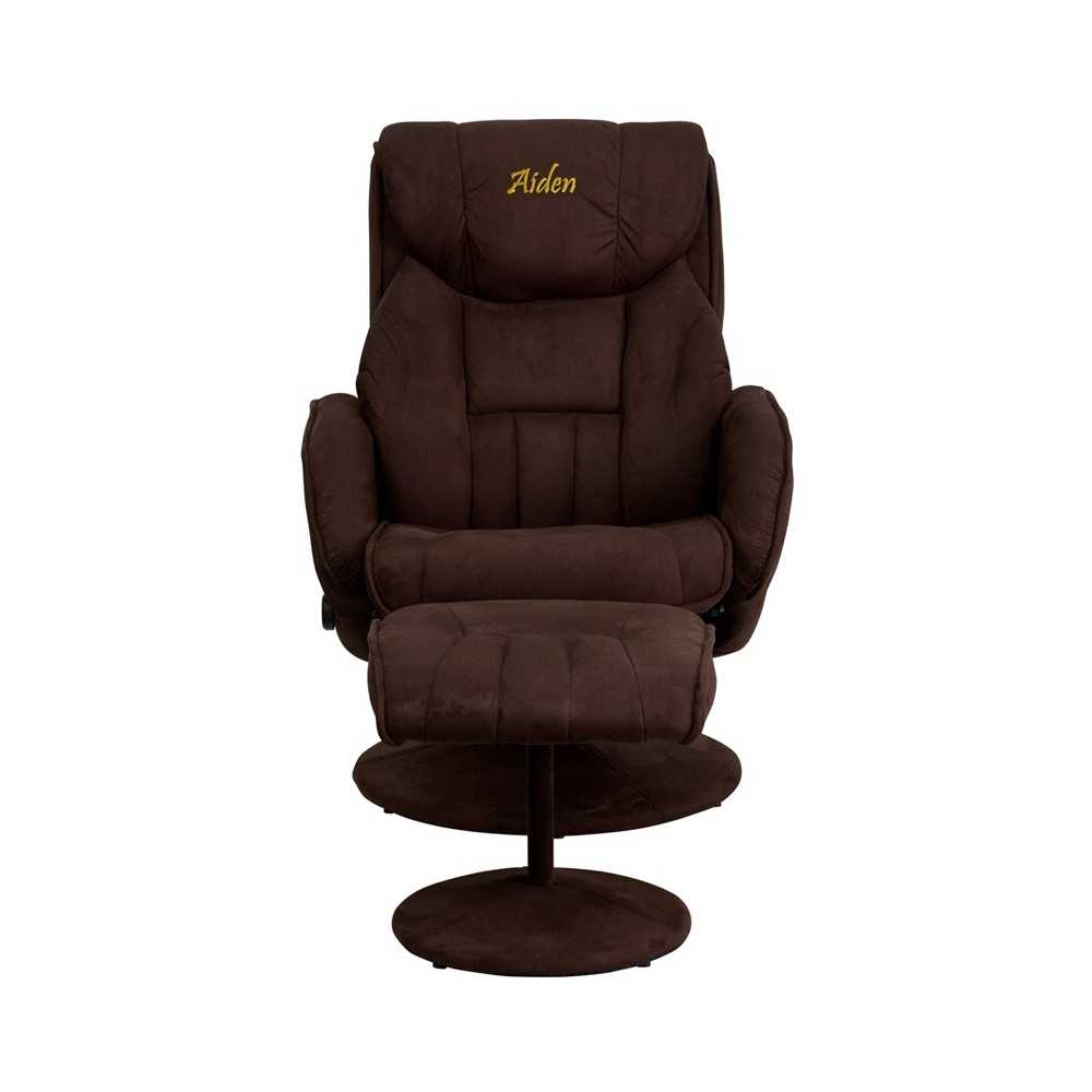 Personalized Contemporary Multi-Position Recliner and Ottoman with Circular Wrapped Base in Brown Microfiber