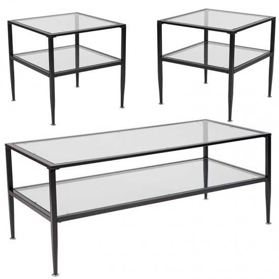 Newport Collection 3 Piece Coffee and End Table Set with Glass Tops and Black Metal Frames