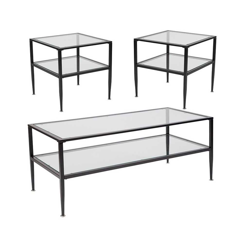 Newport Collection 3 Piece Coffee and End Table Set with Glass Tops and Black Metal Frames Newport Collection 3 Piece Coffee and End Table Set with Glass Tops and Black Metal Frames