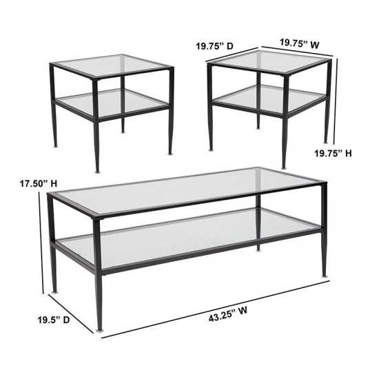 Newport Collection 3 Piece Coffee and End Table Set with Glass Tops and Black Metal Frames