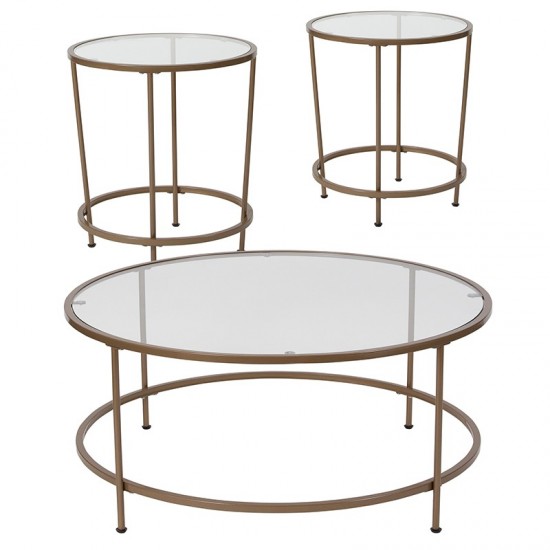 Astoria Collection 3 Piece Coffee and End Table Set with Glass Tops and Matte Gold Frames