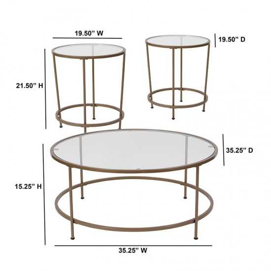 Astoria Collection 3 Piece Coffee and End Table Set with Glass Tops and Matte Gold Frames