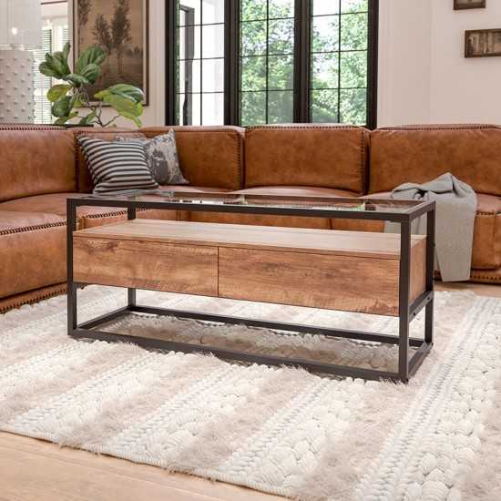 Cumberland Collection Glass Coffee Table with Two Drawers and Shelf in Rustic Wood Grain Finish