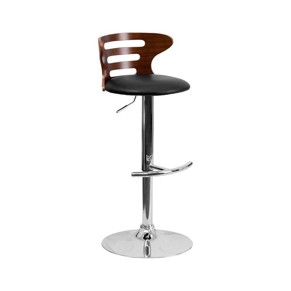 Walnut Bentwood Adjustable Height Barstool with Three Slot Cutout Back and Black Vinyl Seat